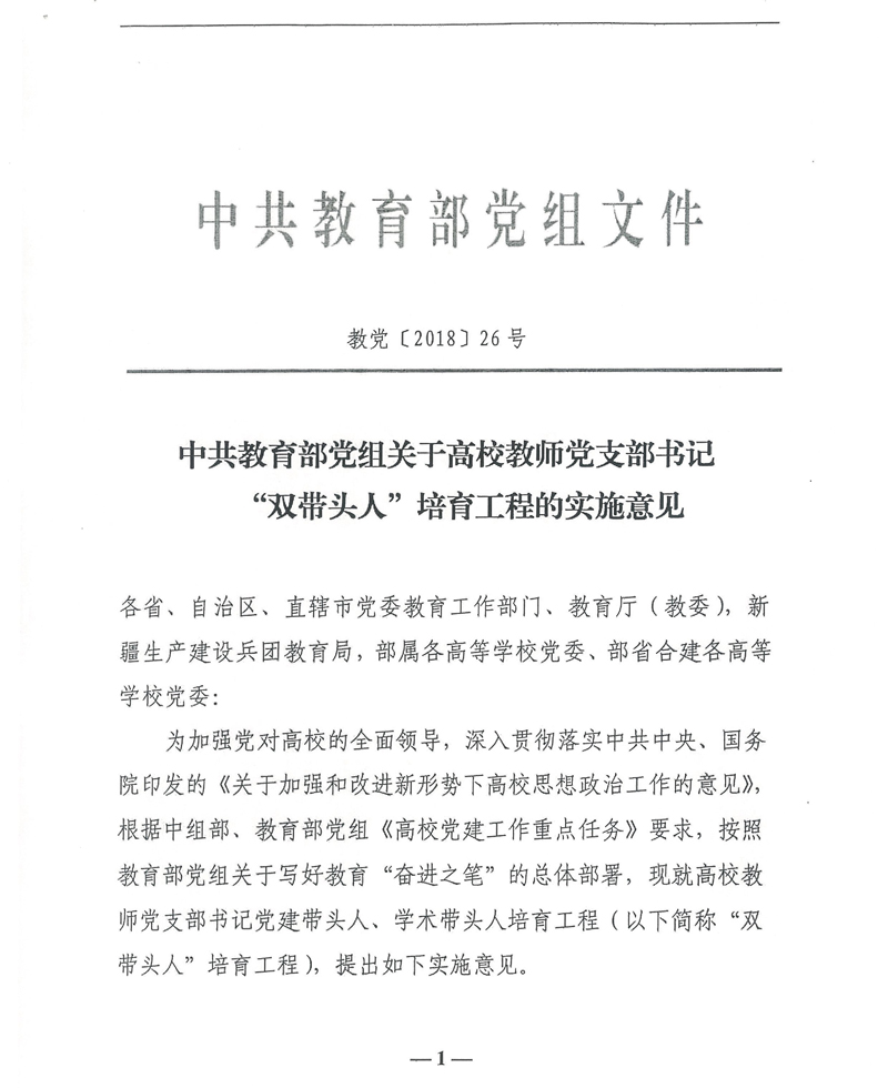 中共教育部党组关于高校教师党支部书记“双带头人”培育工程的实施意见