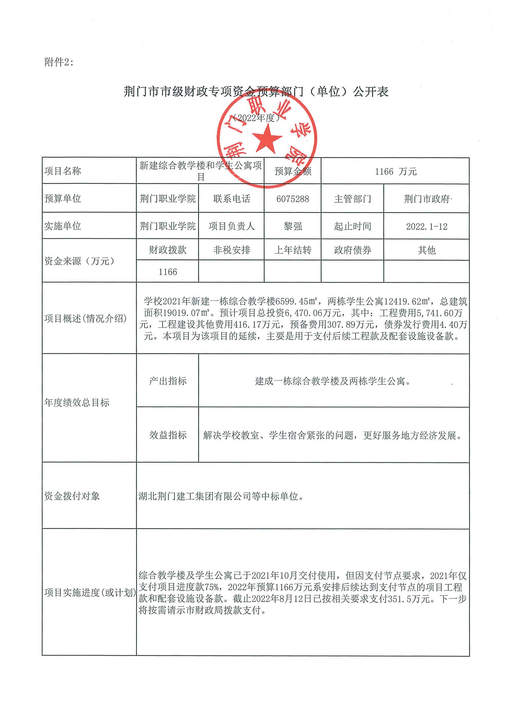 荆门市市级财政专项资金预算部门(单位)公开表