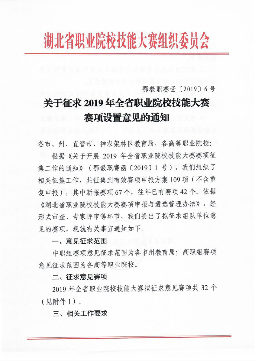 关于征求2019年全省职业院校技能大赛赛项设置意见的通知（鄂教职赛函〔2019〕6号）